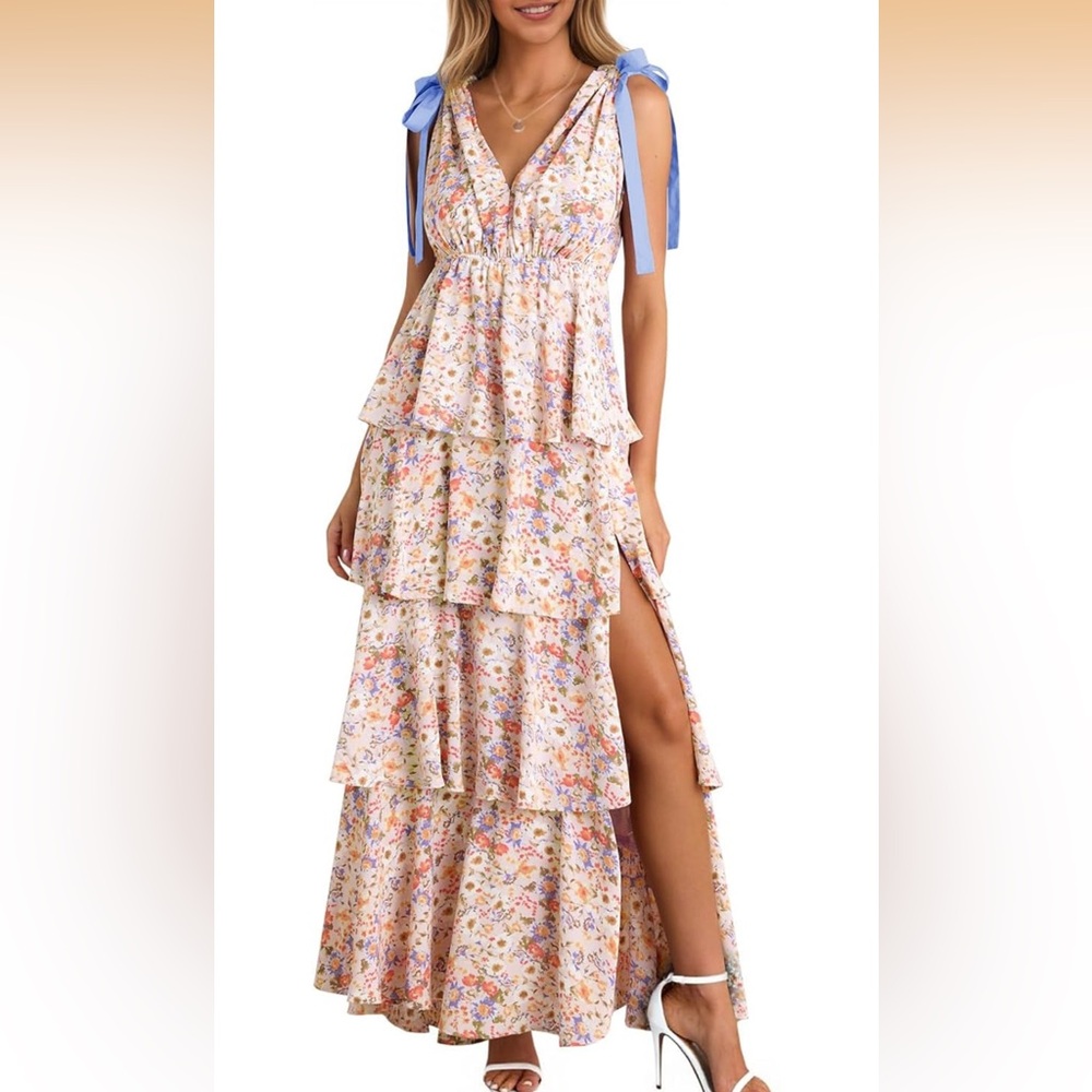 Floral Tiered Maxi Dress in Cream with Pastel Print